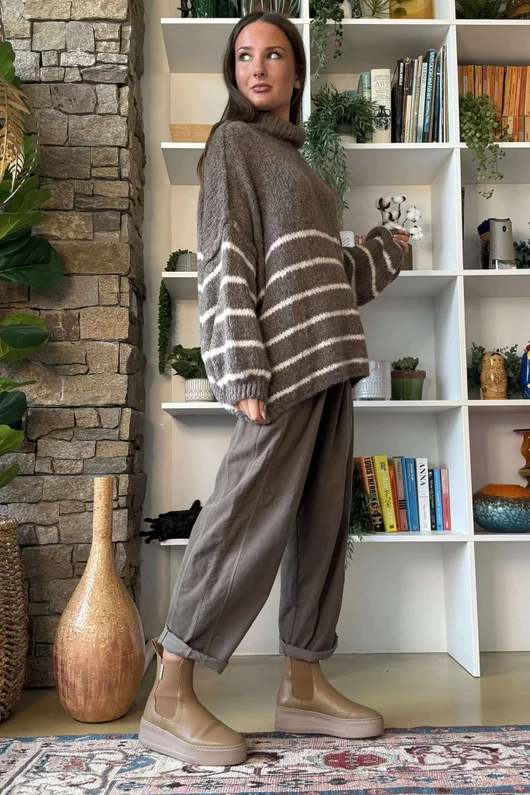 Big Softie Stripe Funnel Grunge Knit Mocha